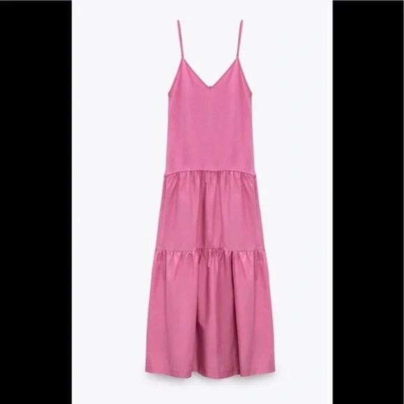 ZARA Maxi tiered flowy boho Pink babydoll spaghetti strap maxi dress Small - Picture 1 of 6